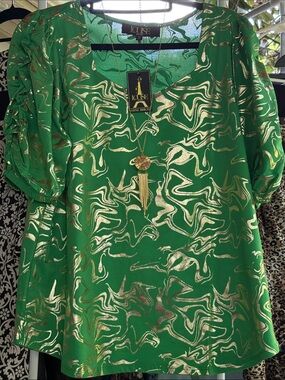 NWT Women’s XL Louise Paris Green Metallic Swirl Blouse free necklace & er